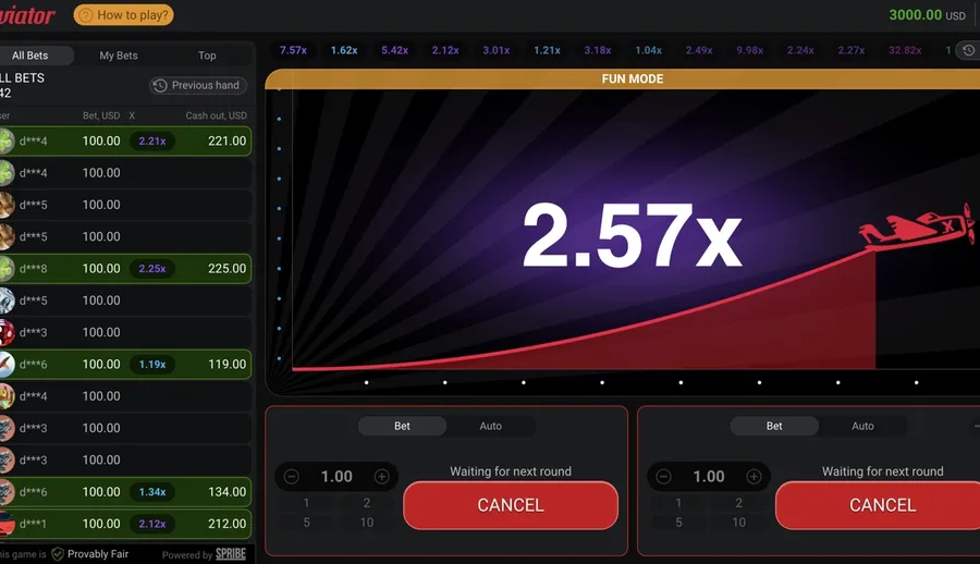 Aviator game interface with the multiplier curve and bet panel
