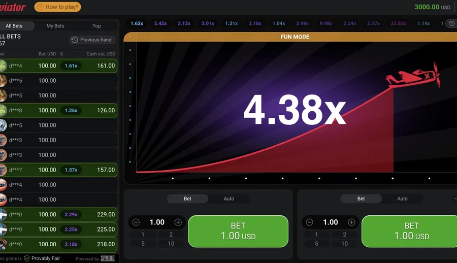 Modo demo de Aviator con un multiplicador en ascenso y un saldo de créditos virtuales