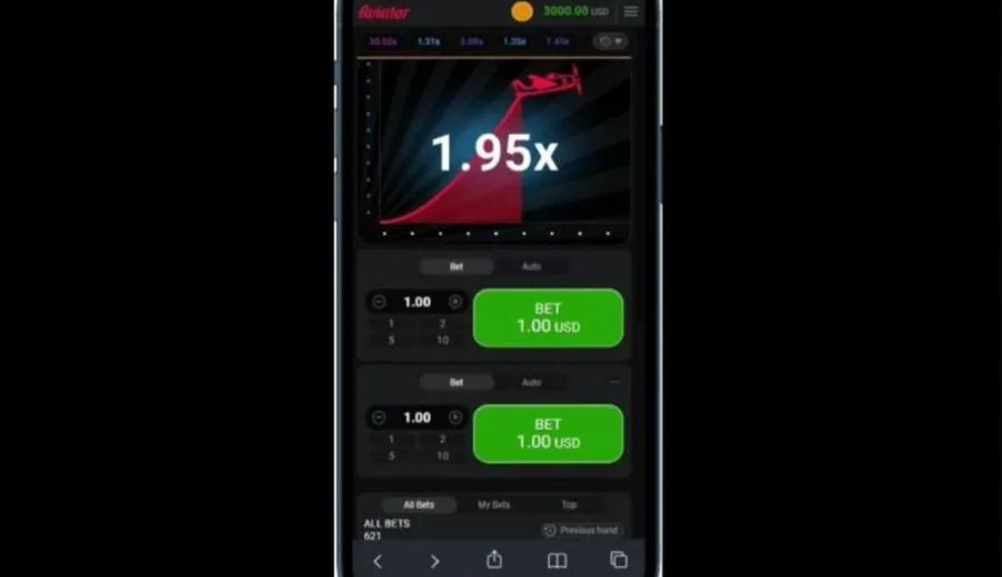 Aviator cash-out controls with two bet panels in a casino lobby